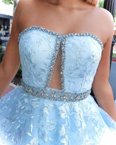Stunning A-line Strapless Sky Blue Lace Beaded Long Prom Dresses Evening Dress DMT2